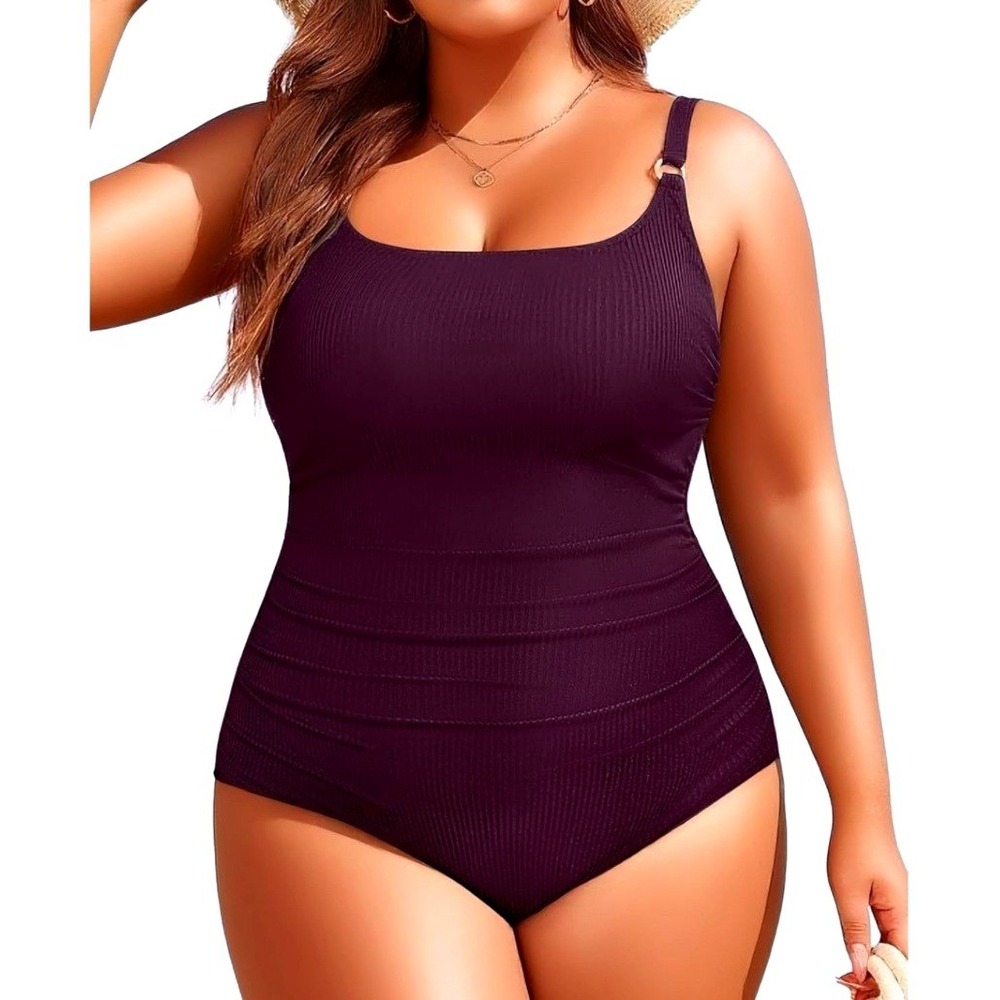 Aqua Eve Womens 22W Burgundy Ribbed Ruched One‎ Piece Swimsuit Tummy Control NEW